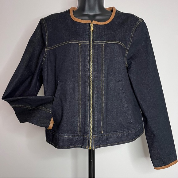 Lauren Ralph Lauren Dark Blue Denim Jacket w/ Brown Leather Trim - Sz L - Picture 7 of 7